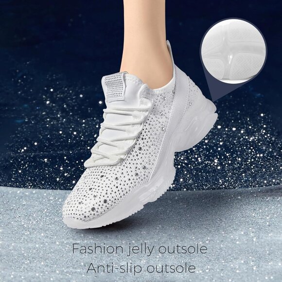 Lucky Step Women White Mesh Slip On Fashion Breathable Spakle Glitter Sneakers - Picture 3 of 8